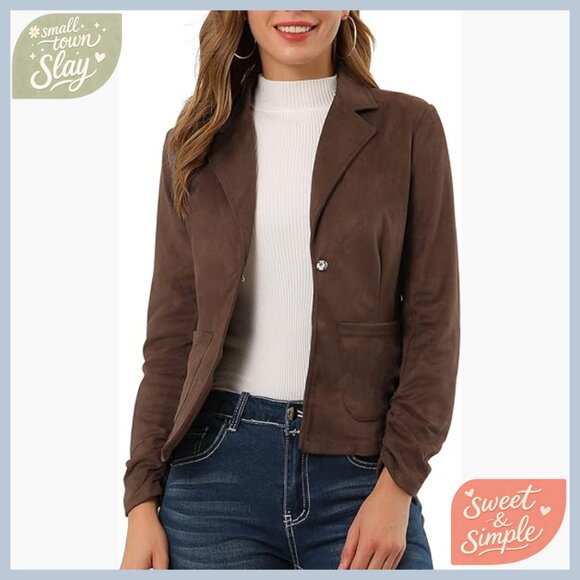 Jackets & Blazers - Faux Suede Blazer with Ruched Sleeves, Lapel Collar, Office Work Jacket